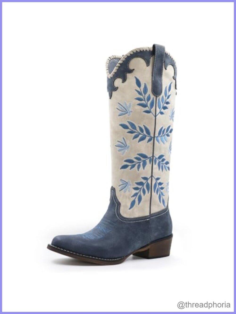 Women's Leaf Embroidered Knee High Cowboy Boots Pull On Chunky Heel Western